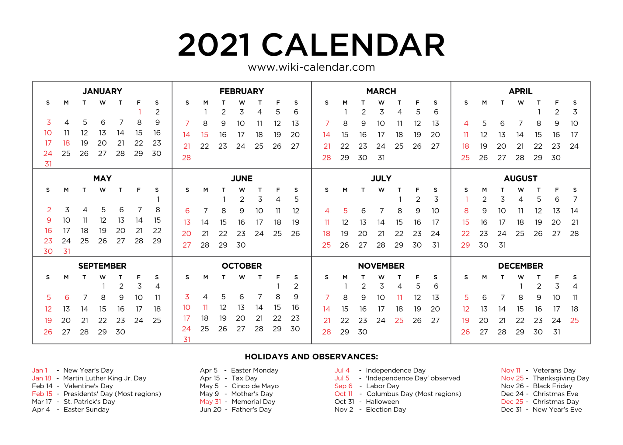 Free Printable Year 2021 Calendar With Holidays Pertaining