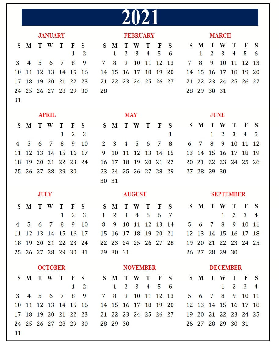 Free Yearly 2021 Calendar Template