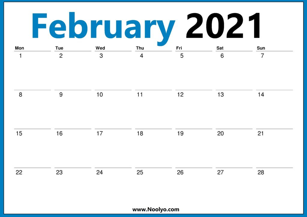 January 2021 Calendar Monday Start - Noolyo