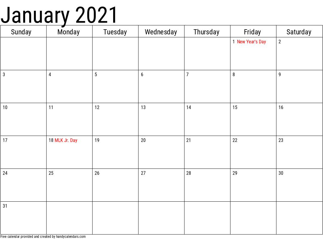 January 2021 Printable Calendar