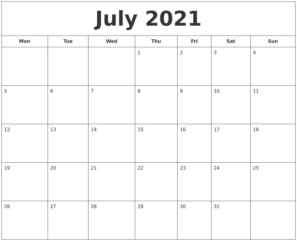 July 2021 Printable Calendar