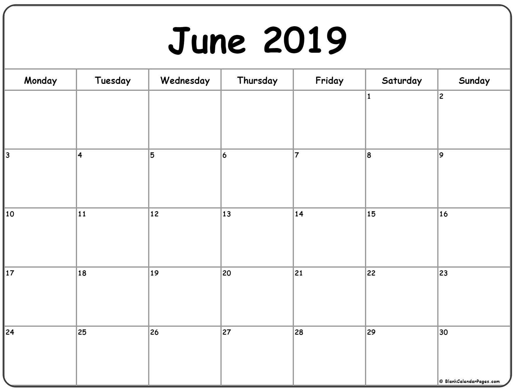 June 2019 Monday Calendar Monday To Sunday Calendar