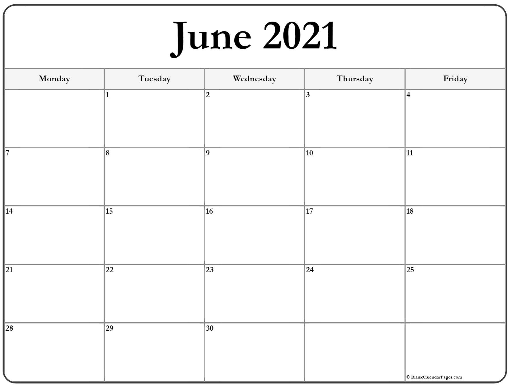 June 2021 Monday Calendar | Monday To Sunday