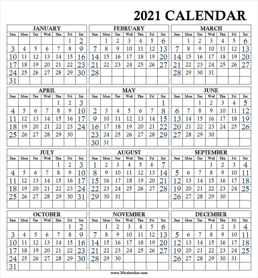 Large Calendar 2021 Printable | Calendar Printables Free