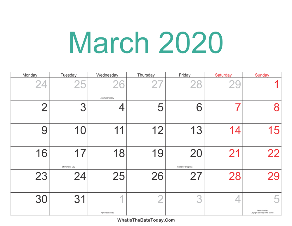 March 2020 Calendar Printable With Holidays