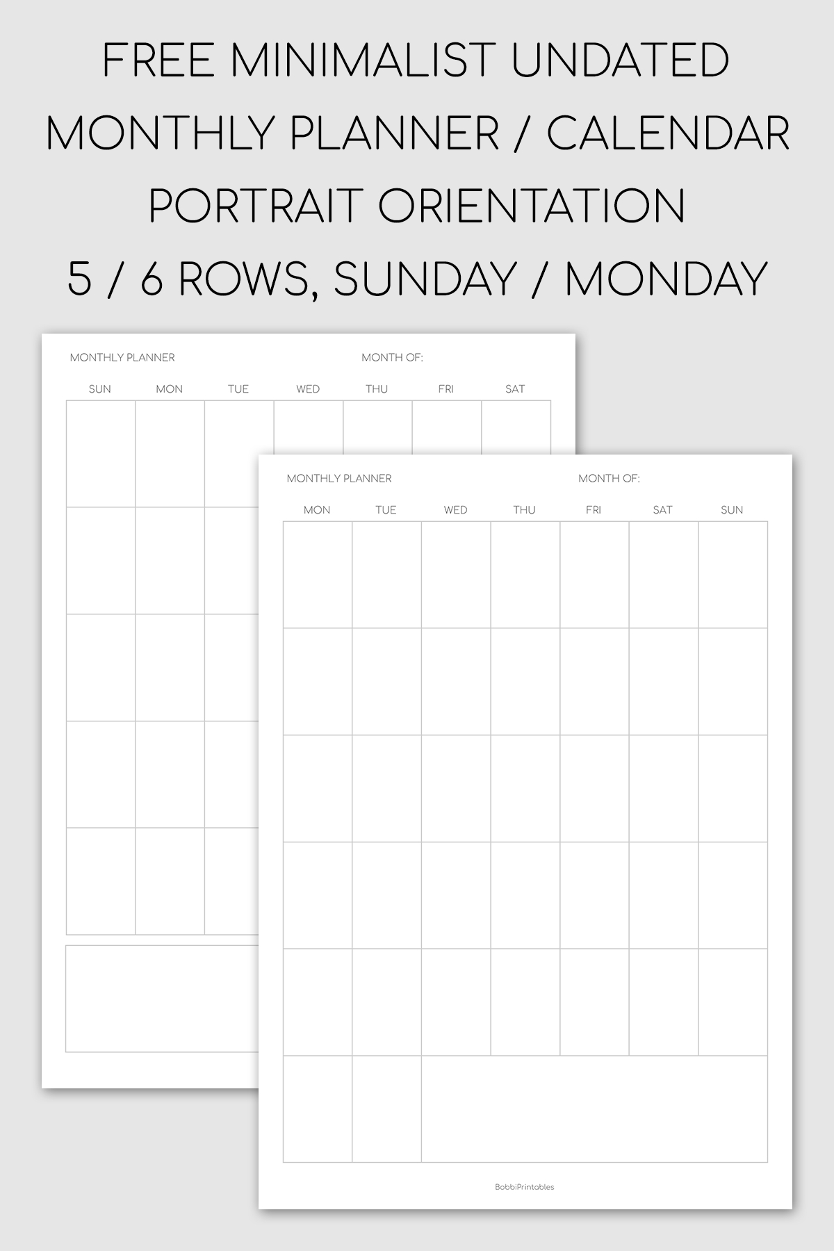 Minimalist Monthly Planner / Undated Calendar - Portrait