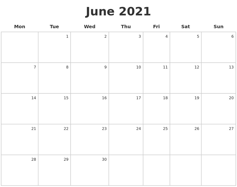 Monday To Sunday Calendar 2021 Full Months | Free