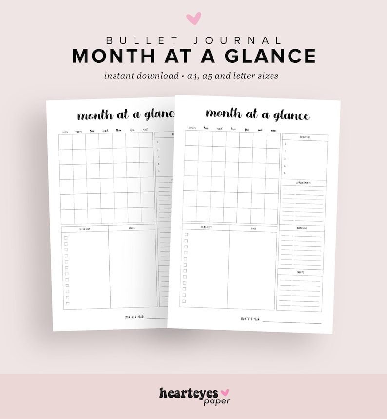 Month At A Glance Printable Bullet Journal Printable