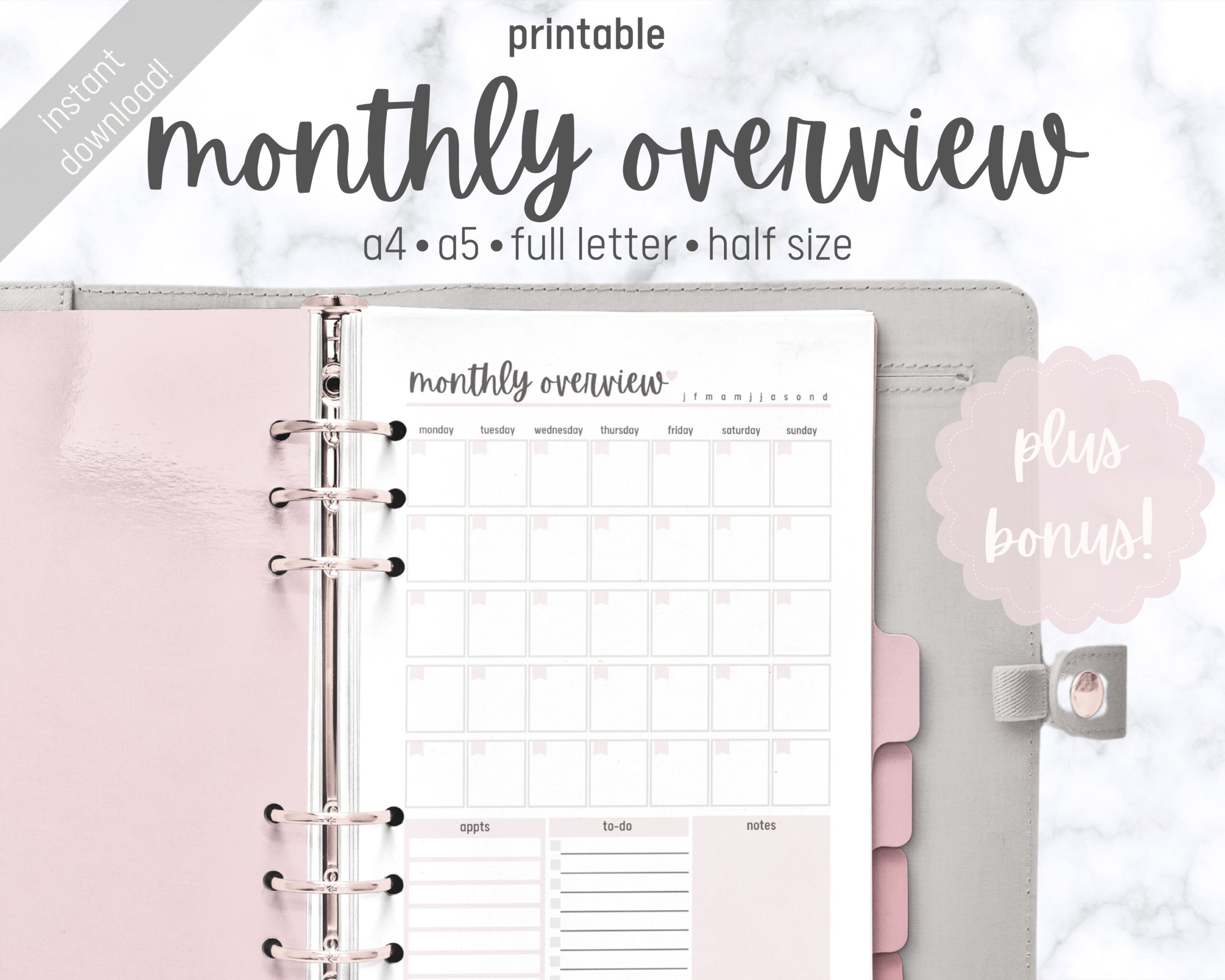 Month At A Glance Printable Monthly Planner A4 A5 Half