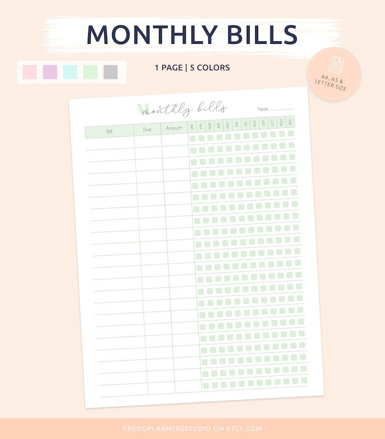 Monthly Bills Tracker Bill Organizer Bill Due Checklist A4 | Etsy