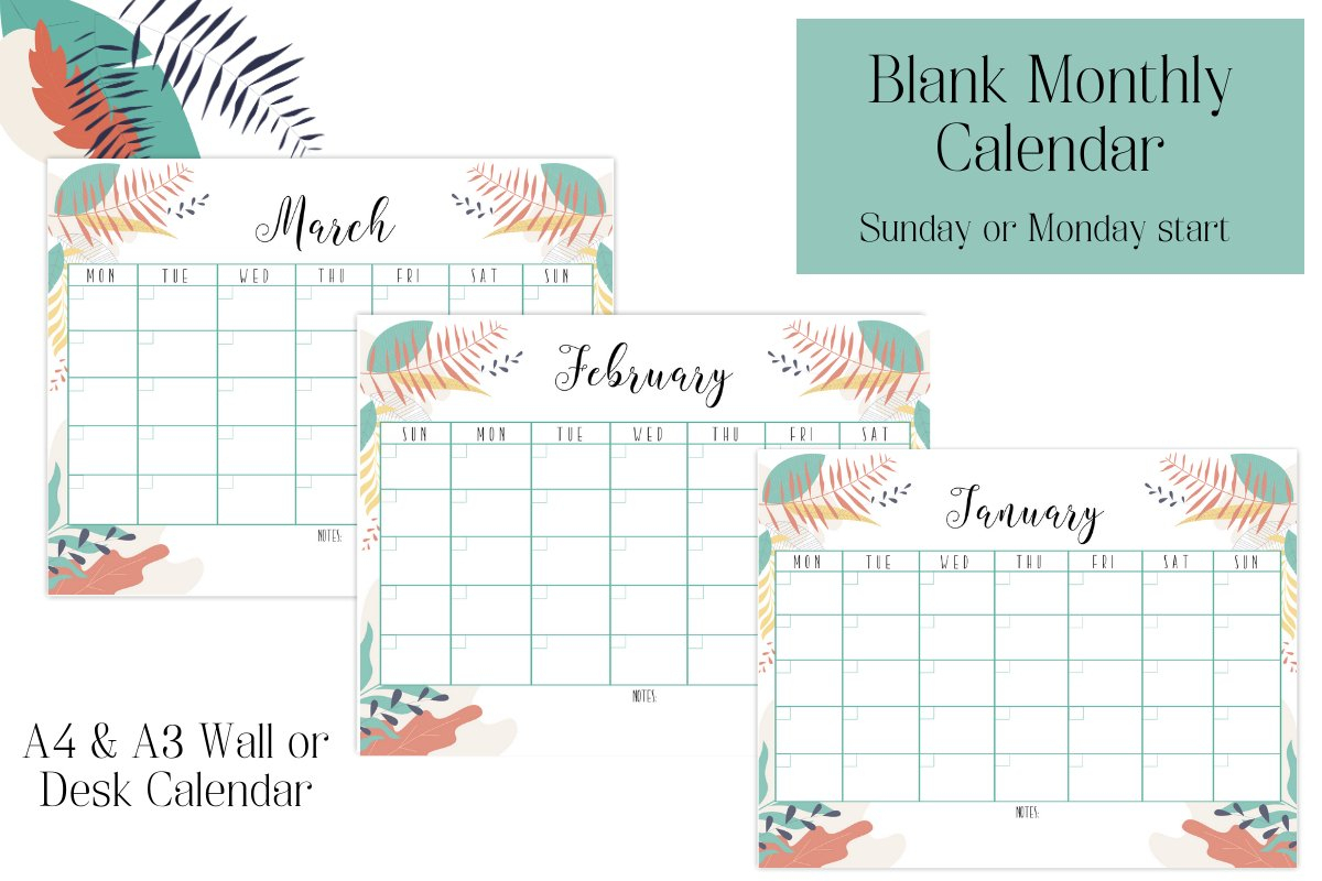 Monthly Calendar, Blank Calendar, Sunday Start, Monday