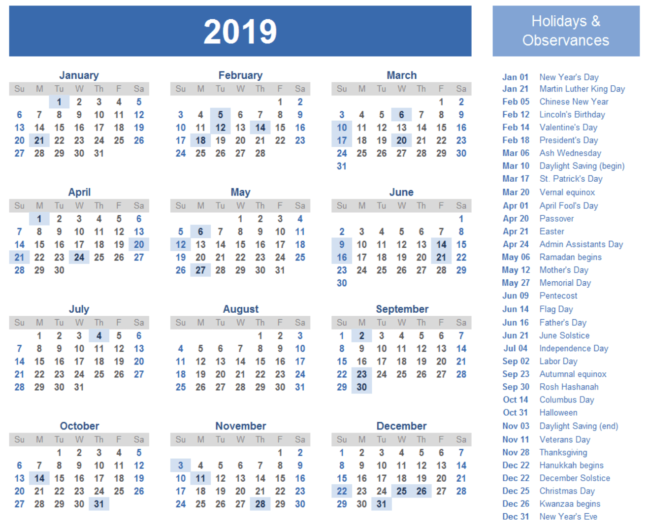 Monthly Printable Calendar 2019 Template