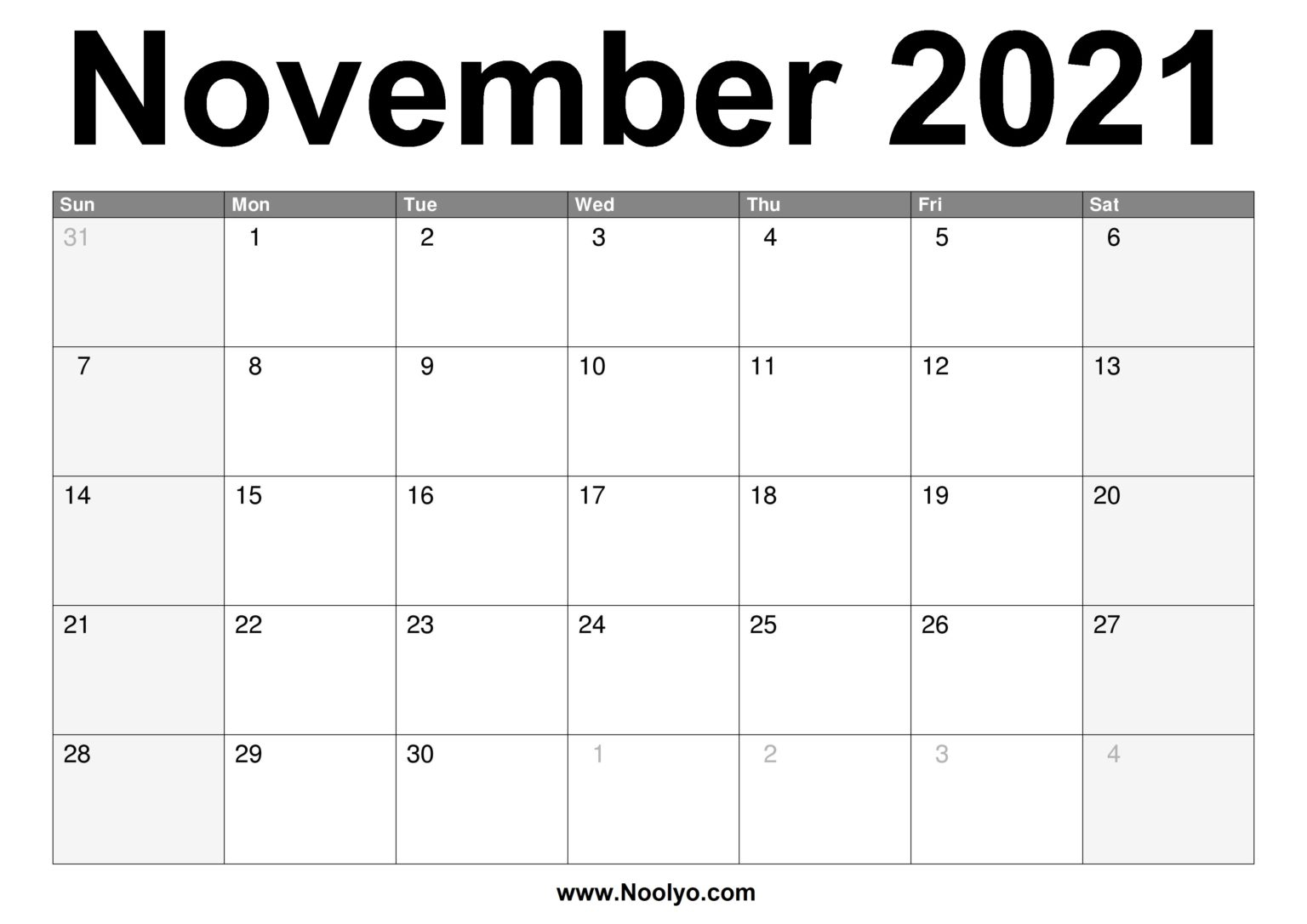 November 2021 Calendar Printable - Free Download - Noolyo