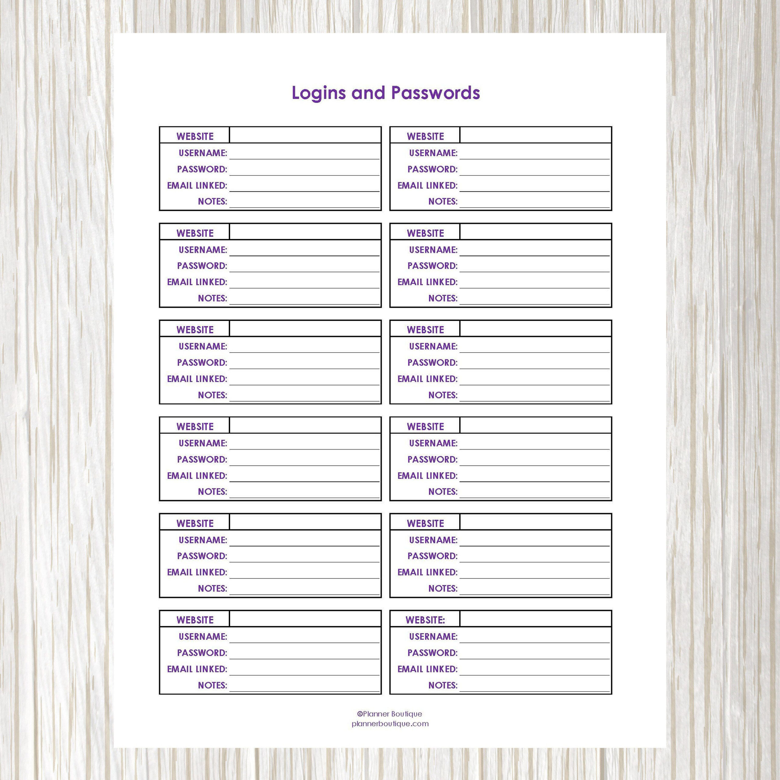 Password Tracker Business Planner Printable Password