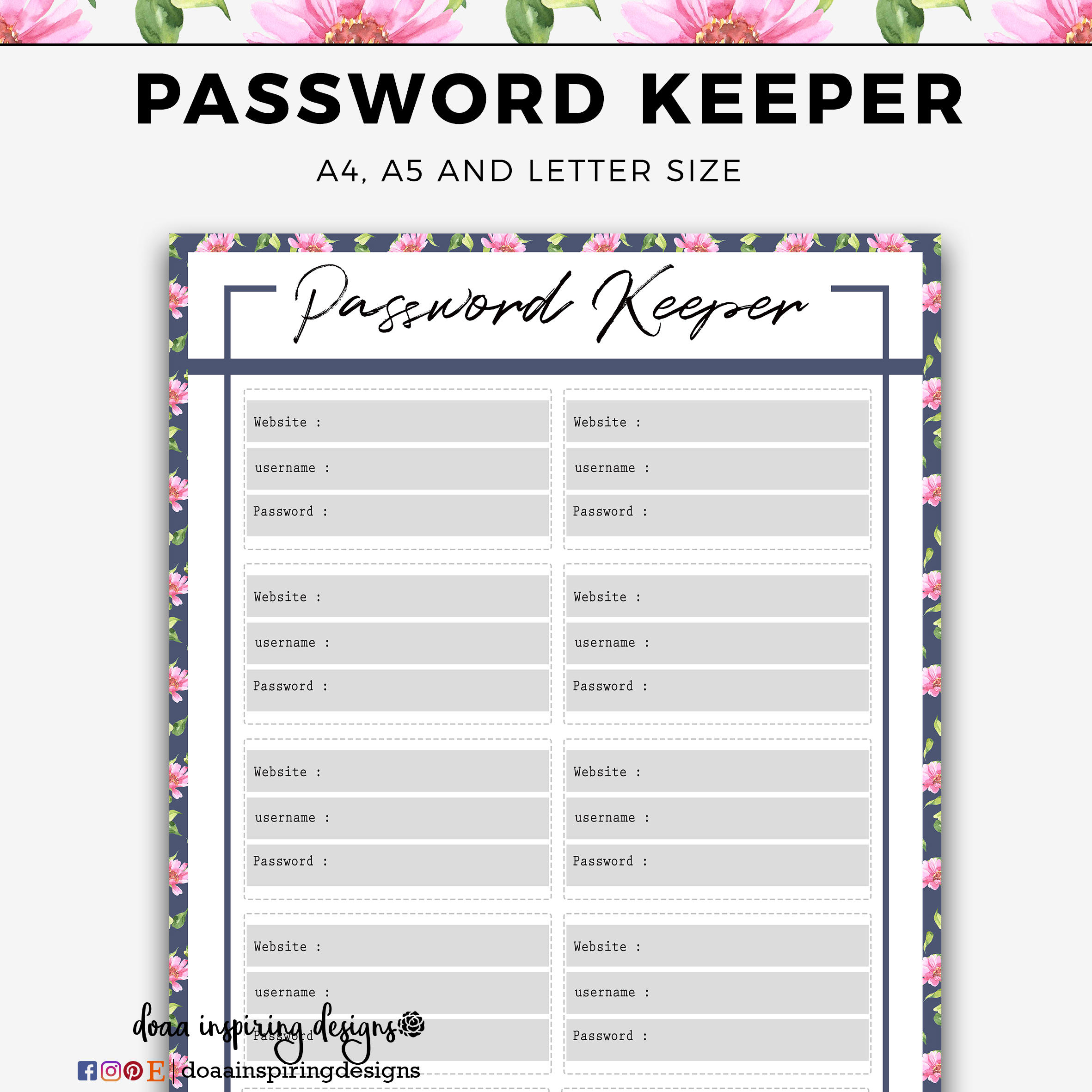 Password Tracker Planner Inserts A5 Password Keeper Floral