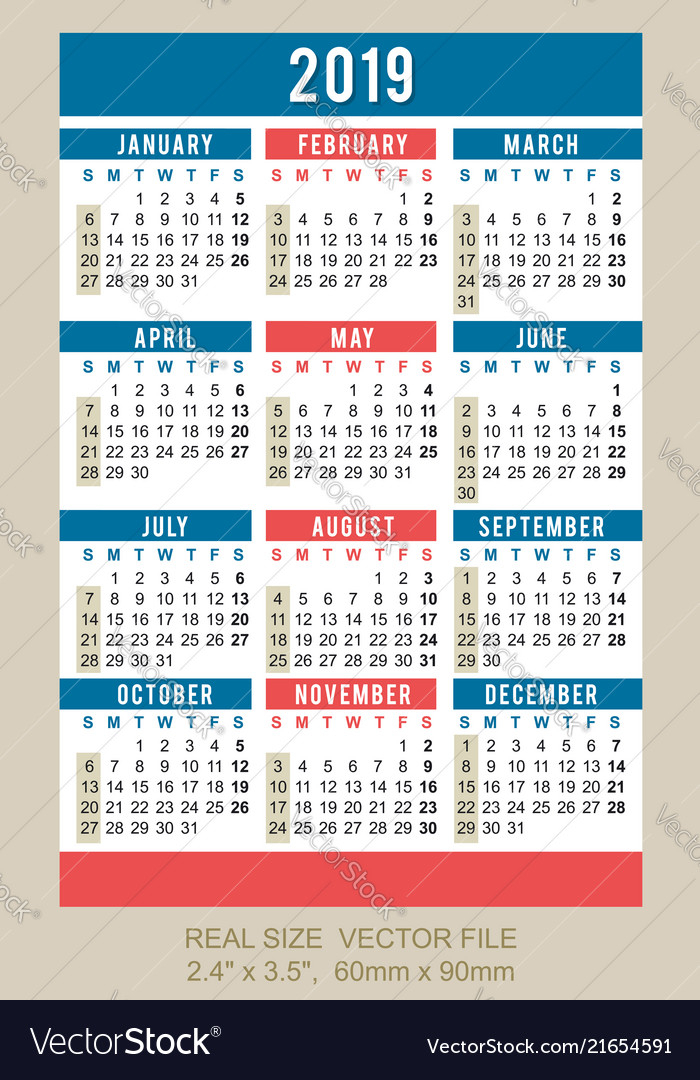 Pocket Calendar 2019 Start On Sunday Royalty Free Vector