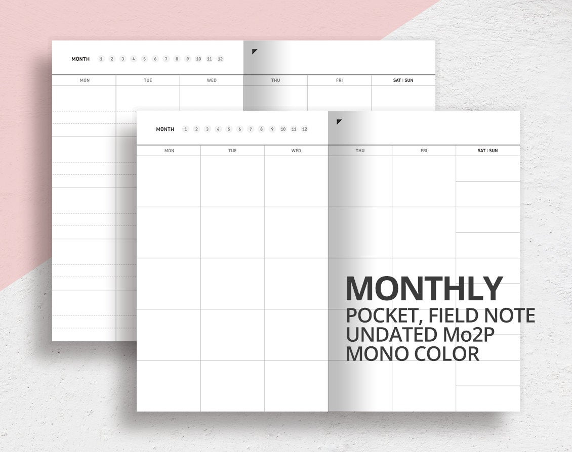 Pocket Field Note Size Monthly Insert/Mo2P/Printable Undated