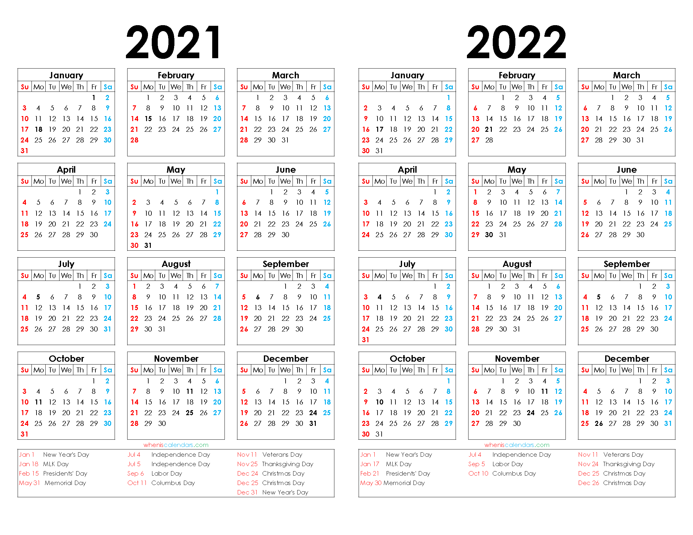 Printable Yearly Calendars 2021 2022