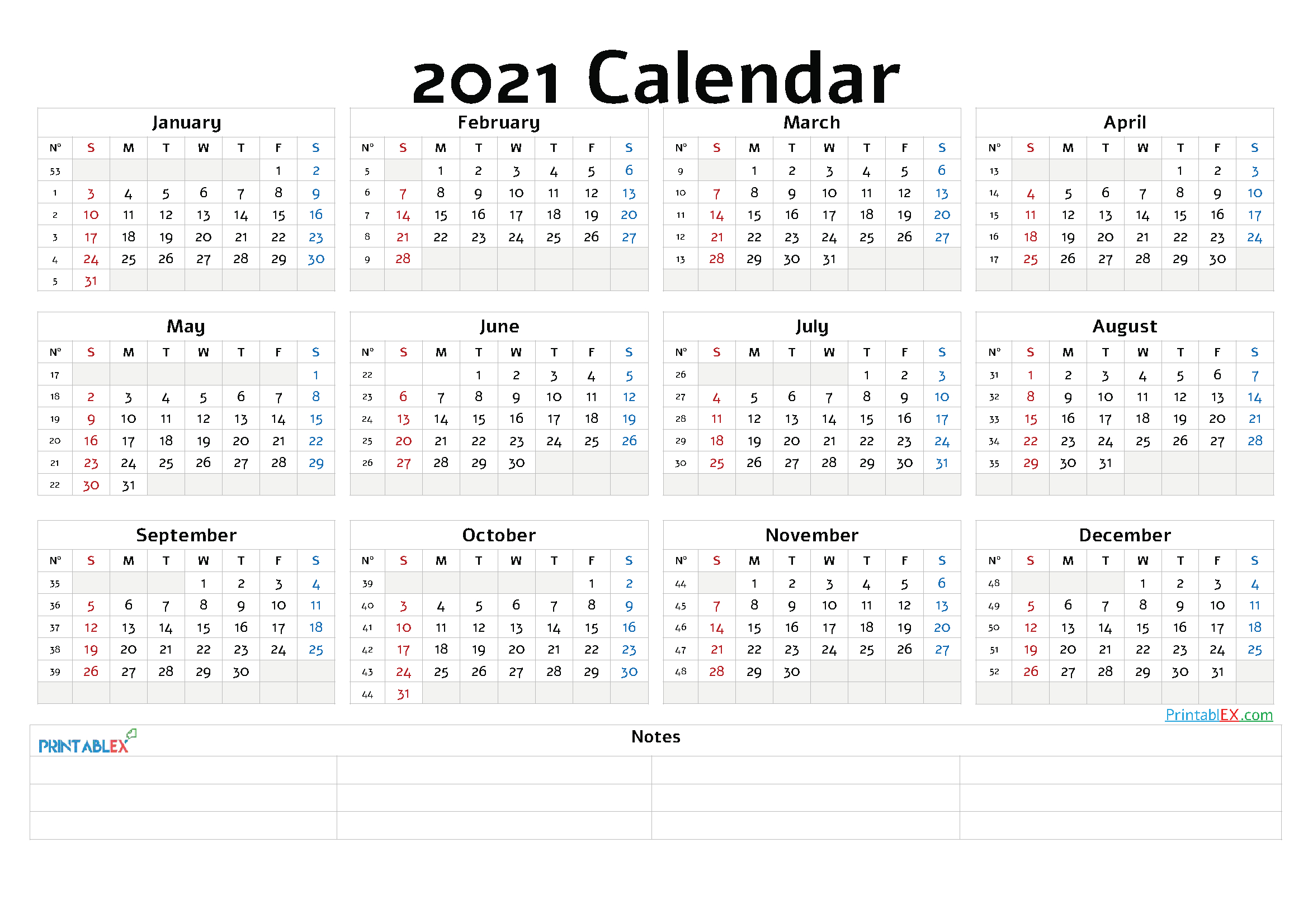 Printable 2021 Yearly Calendar With Week Numbers - 21Ytw35