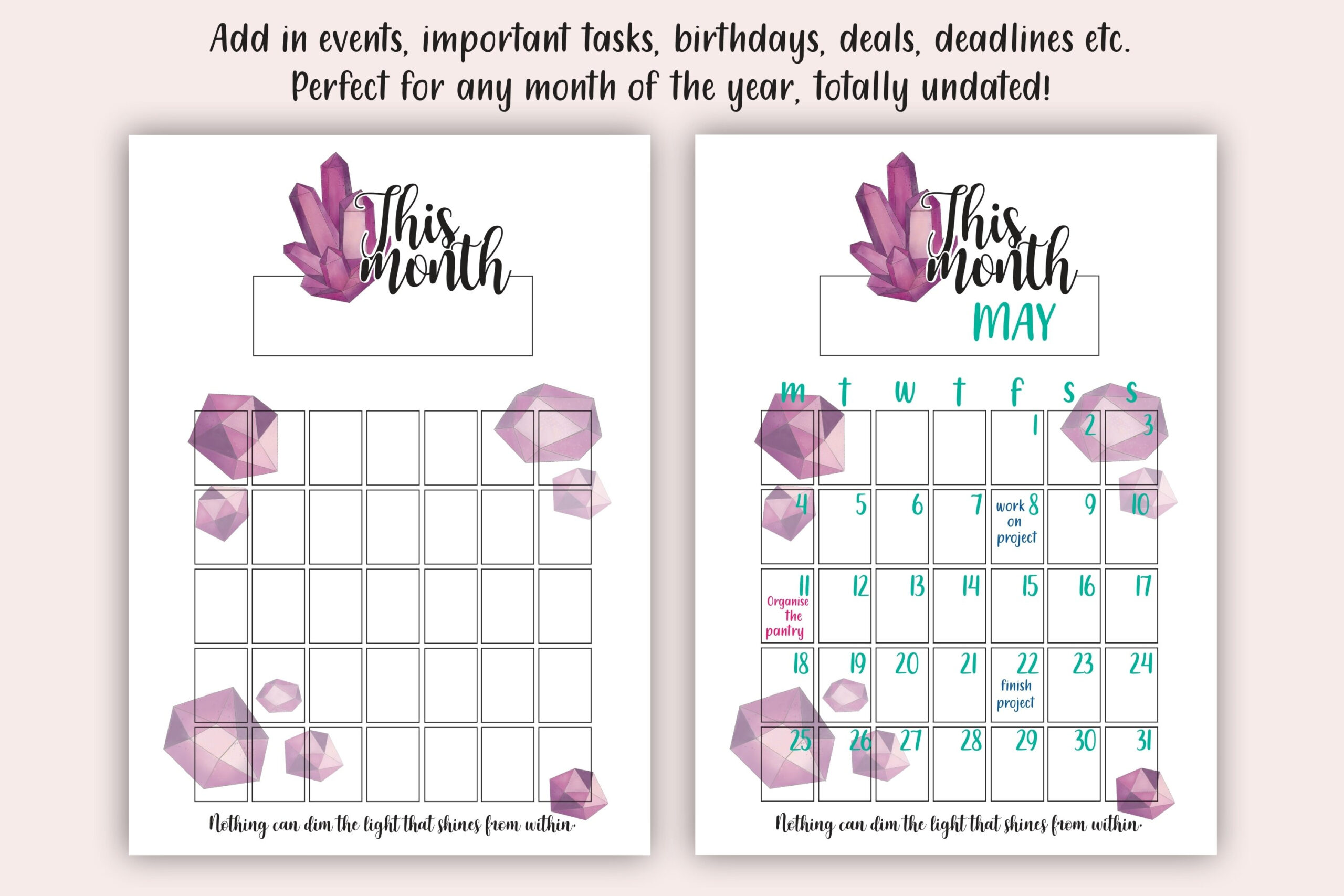 Printable Calendar, Crystal Planner, Undated Calendar