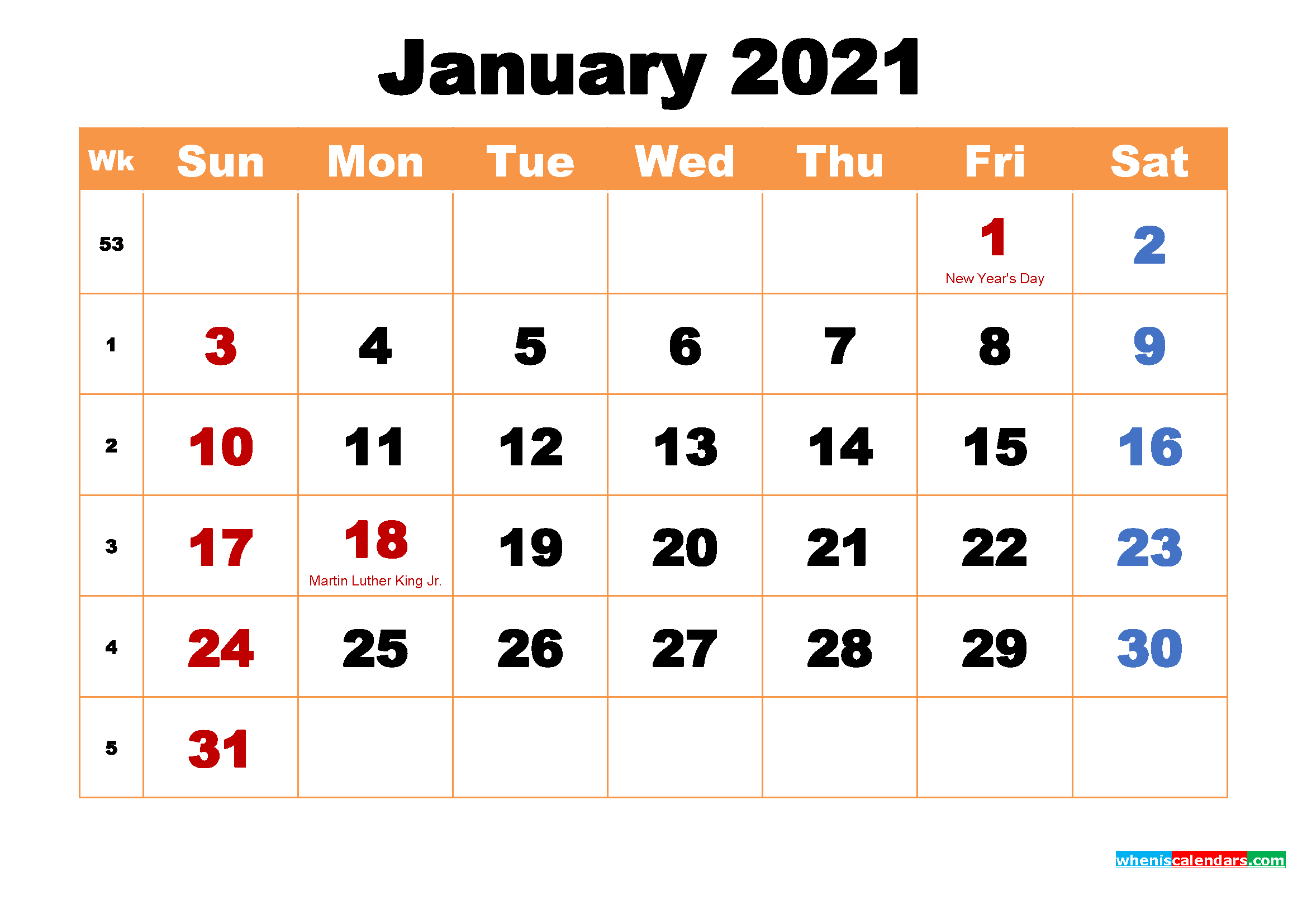 Printable Calendar For January 2021