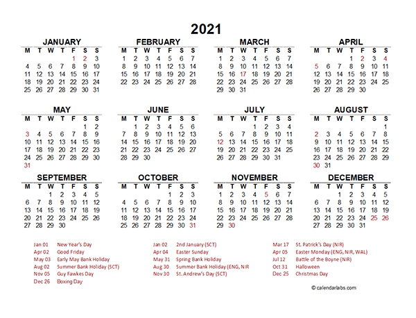 Printable Calendar Year At A Glance 2021 / 2021 Year At A