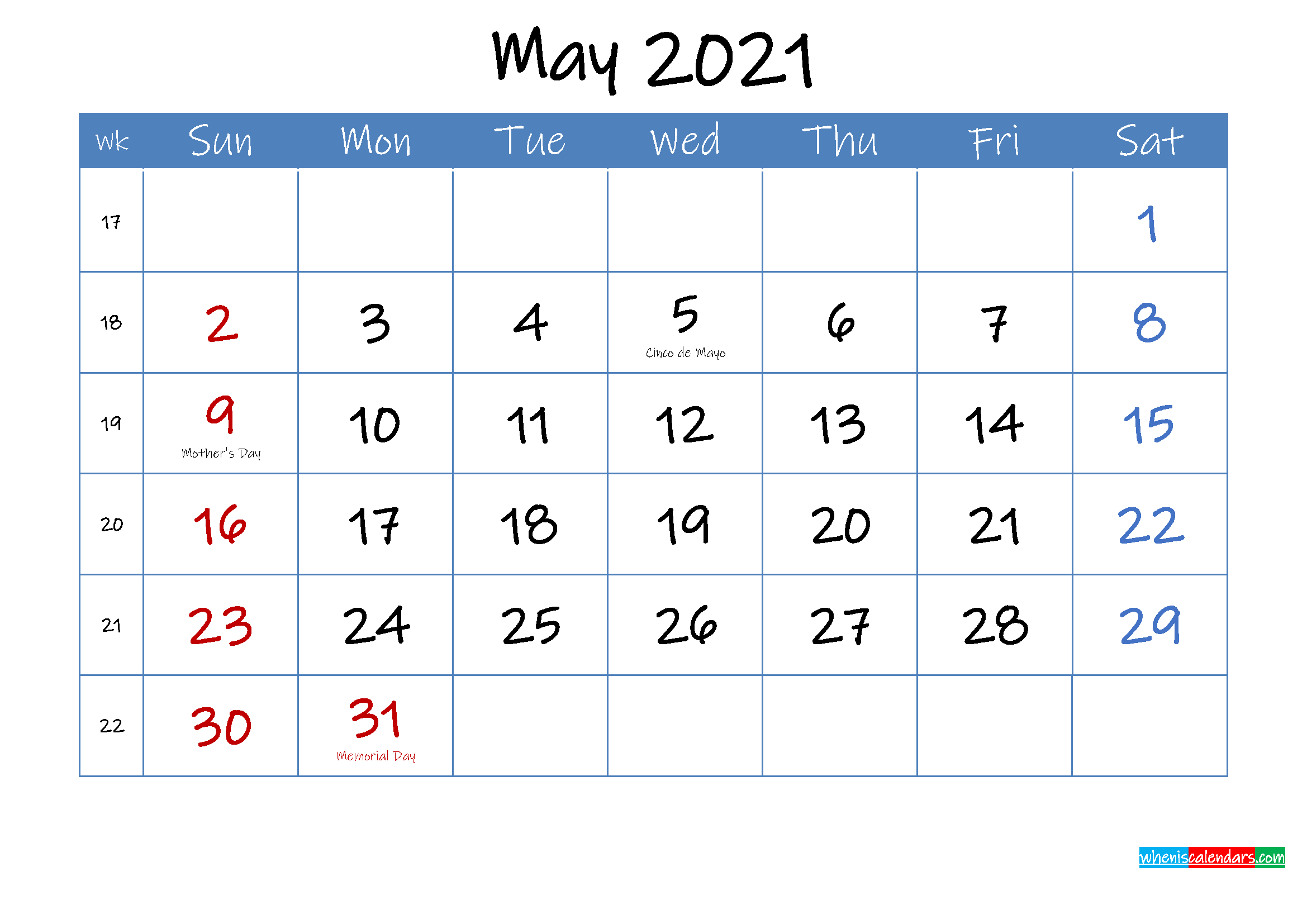 Printable May 2021 Calendar Word - Template Ink21M17