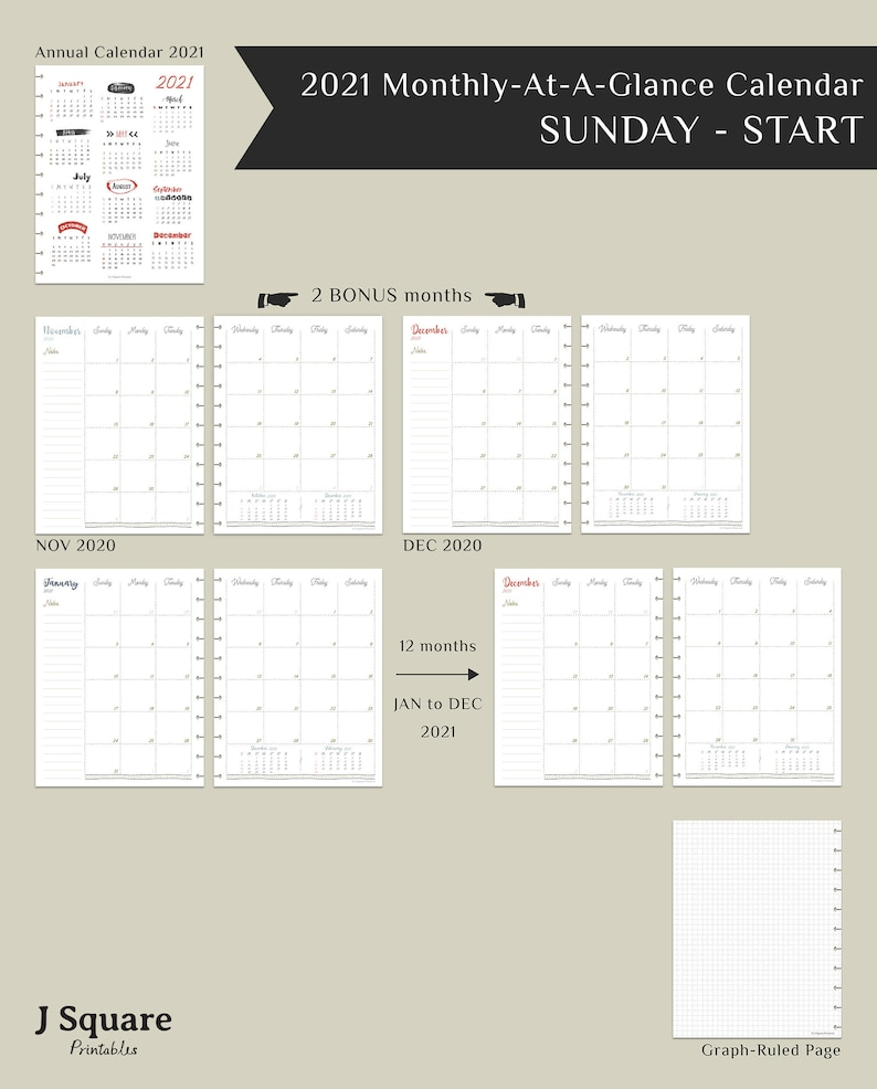 Printable Pdf 2021 Monthly At A Glance Calendar Insert For