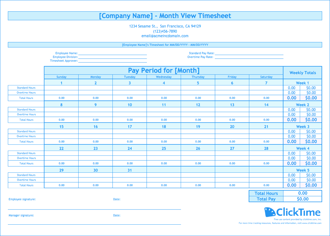 Printable Time Sheet Calendar :-Free Calendar Template