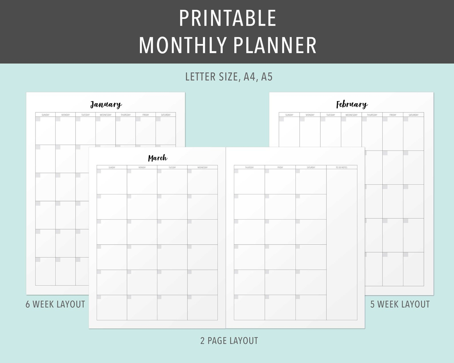 Printable Undated Monthly Calendar Digital Planner
