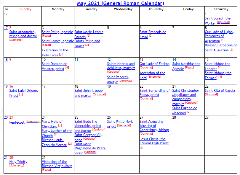 Roman Catholic Calendar 2021 | Weekly Calendar