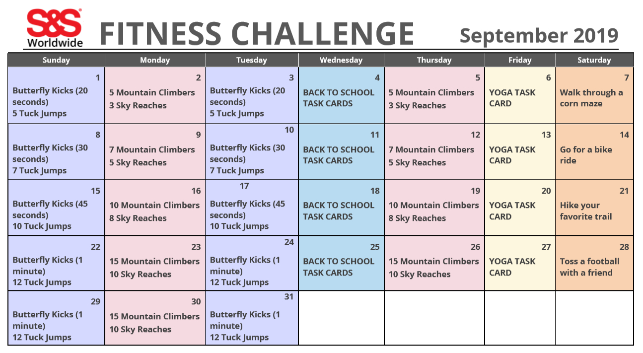 September 2019 Fitness Challenge Calendar - S&amp;S Blog