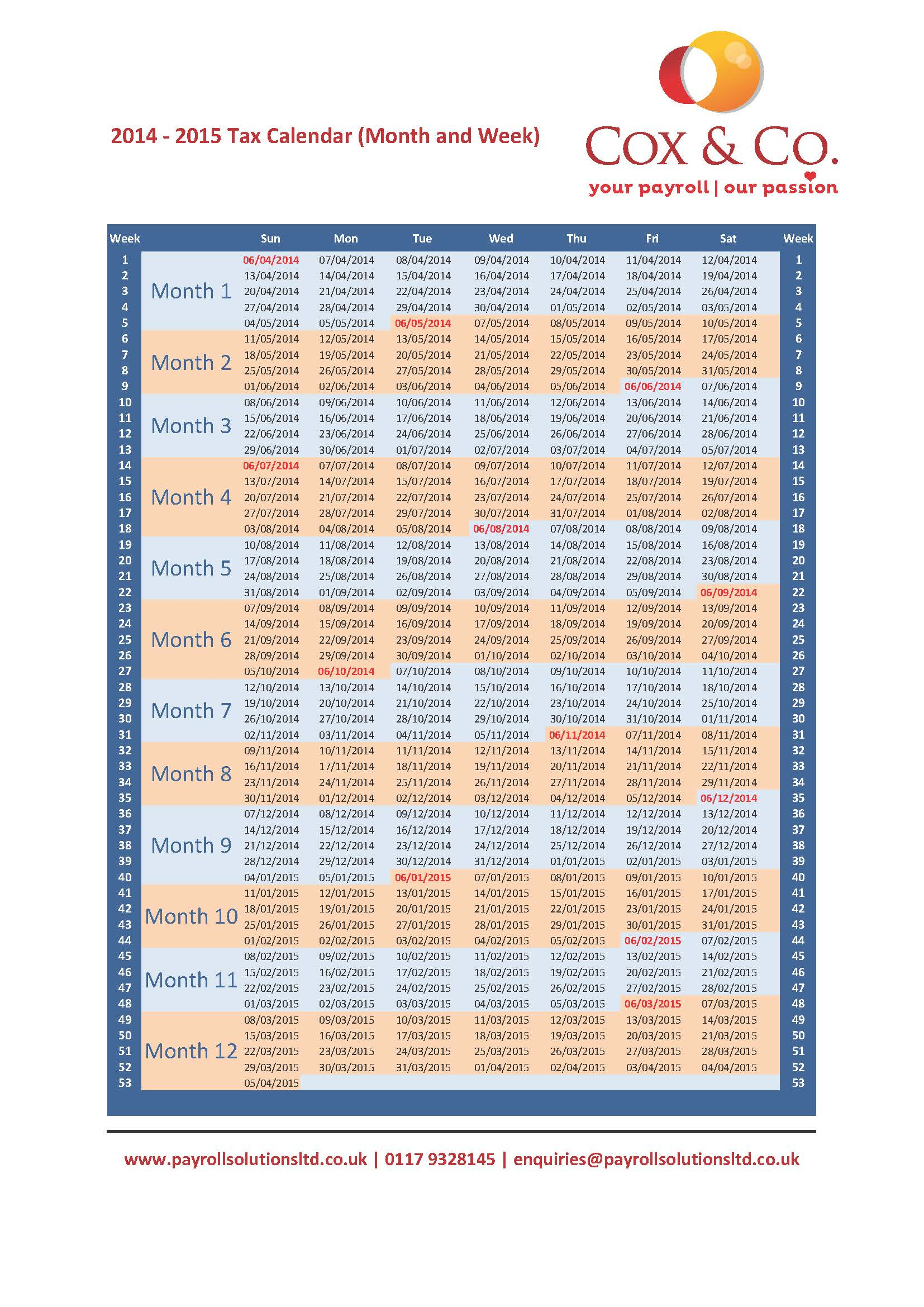 Tax Week &amp; Month Payroll Calendar
