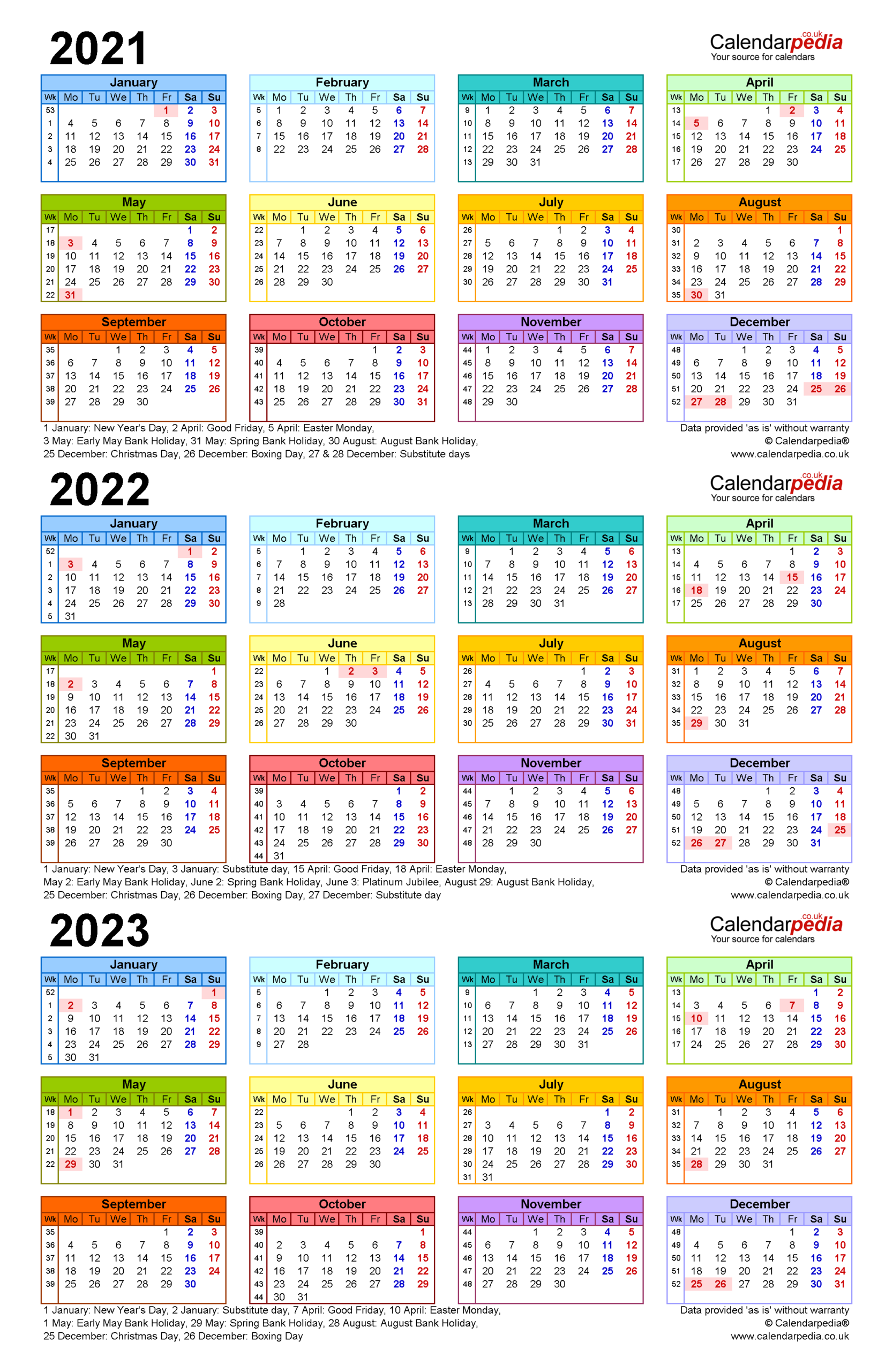 Three Year Calendars For 2021, 2022 &amp; 2023 (Uk) For Word