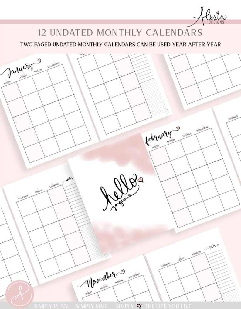 Two Page Undated Monthly Calendar Printable Pdf | Etsy