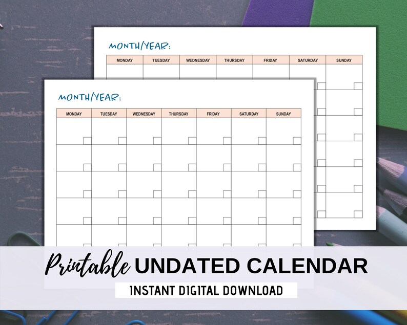 Undated Calendar Template Printable Monthly Calendar Bill