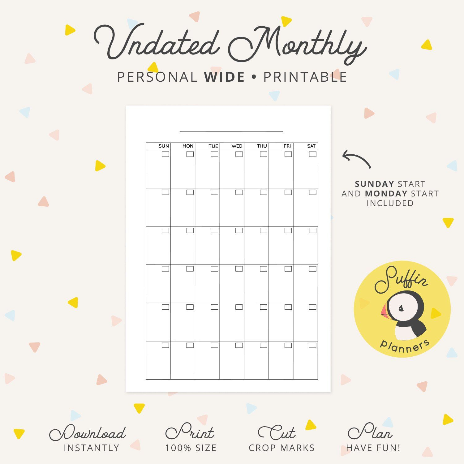 Undated Monthly Calendar Personal Wide Ring Printable