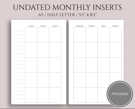 Undated Monthly Calendar Printable Planner Inserts Sunday