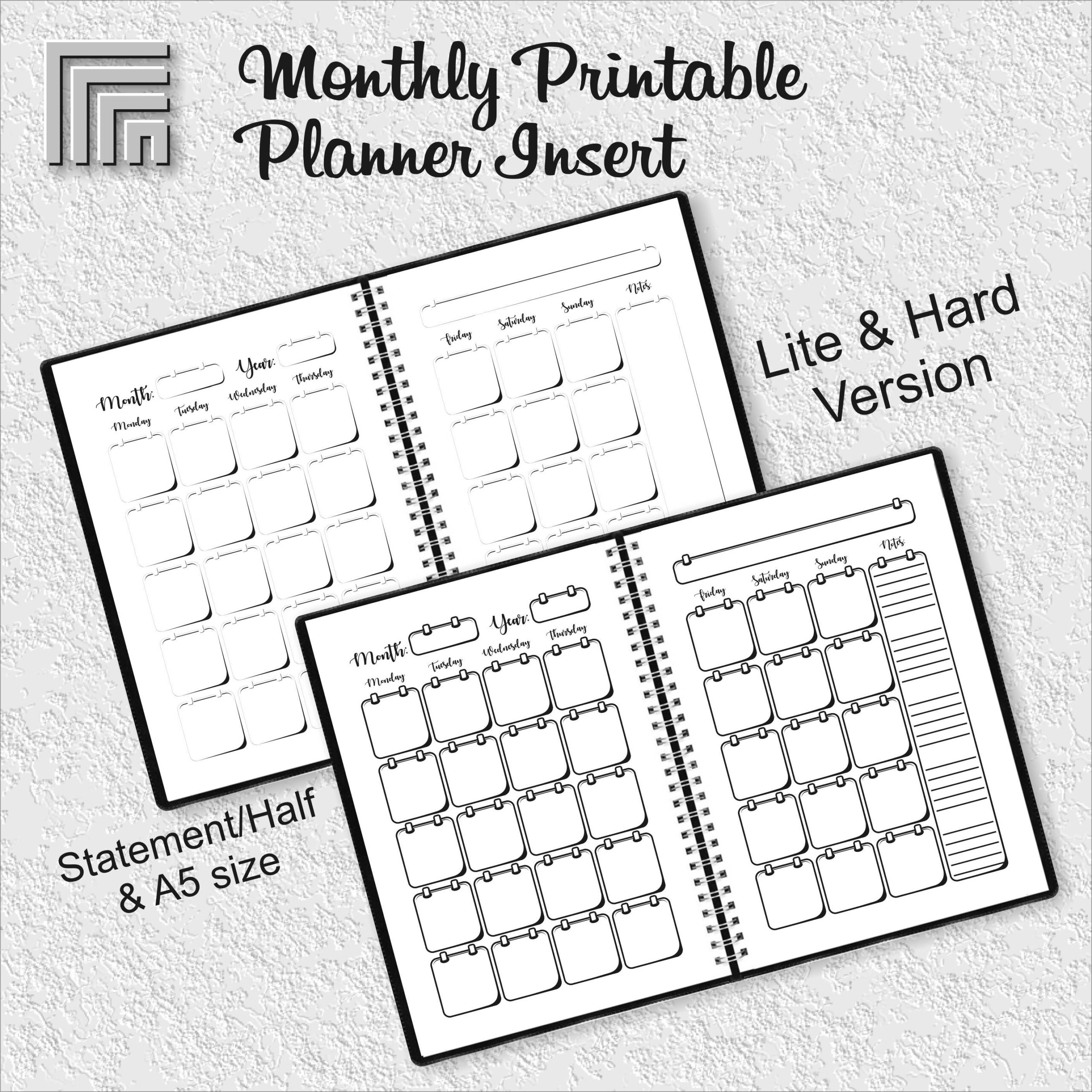 Undated Monthly Planner Insert, Month On Two Pages