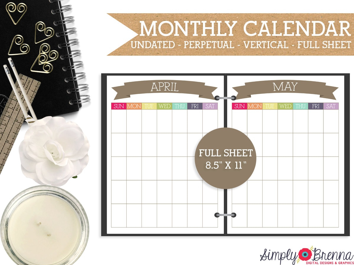 Undated Monthly Vertical Calendar Printable Colorful Monthly