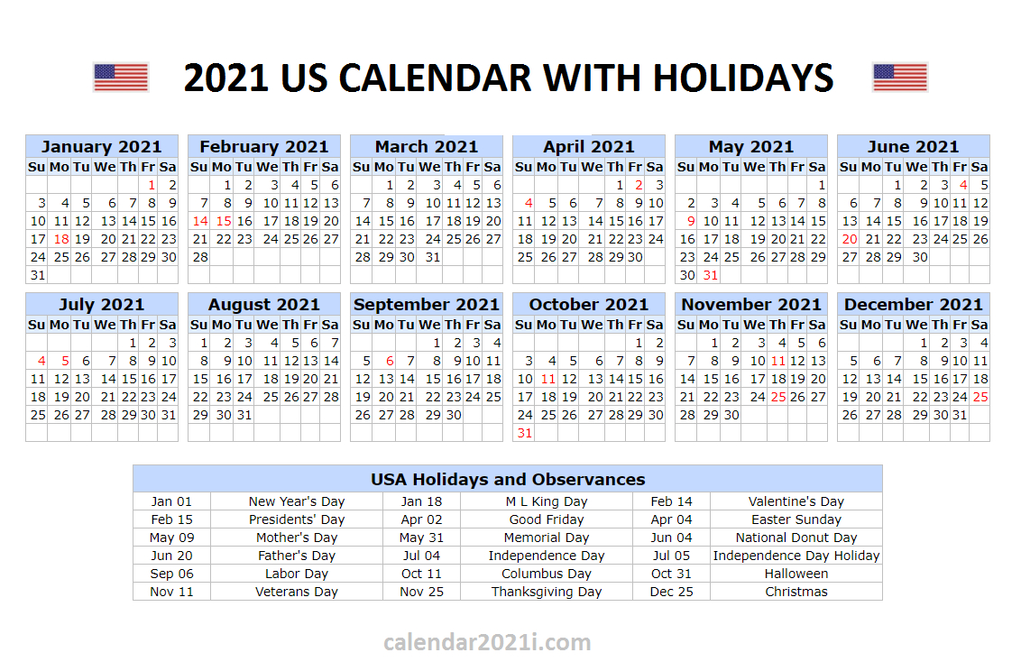 Us 2021 Calendar With Holidays | United States Printable