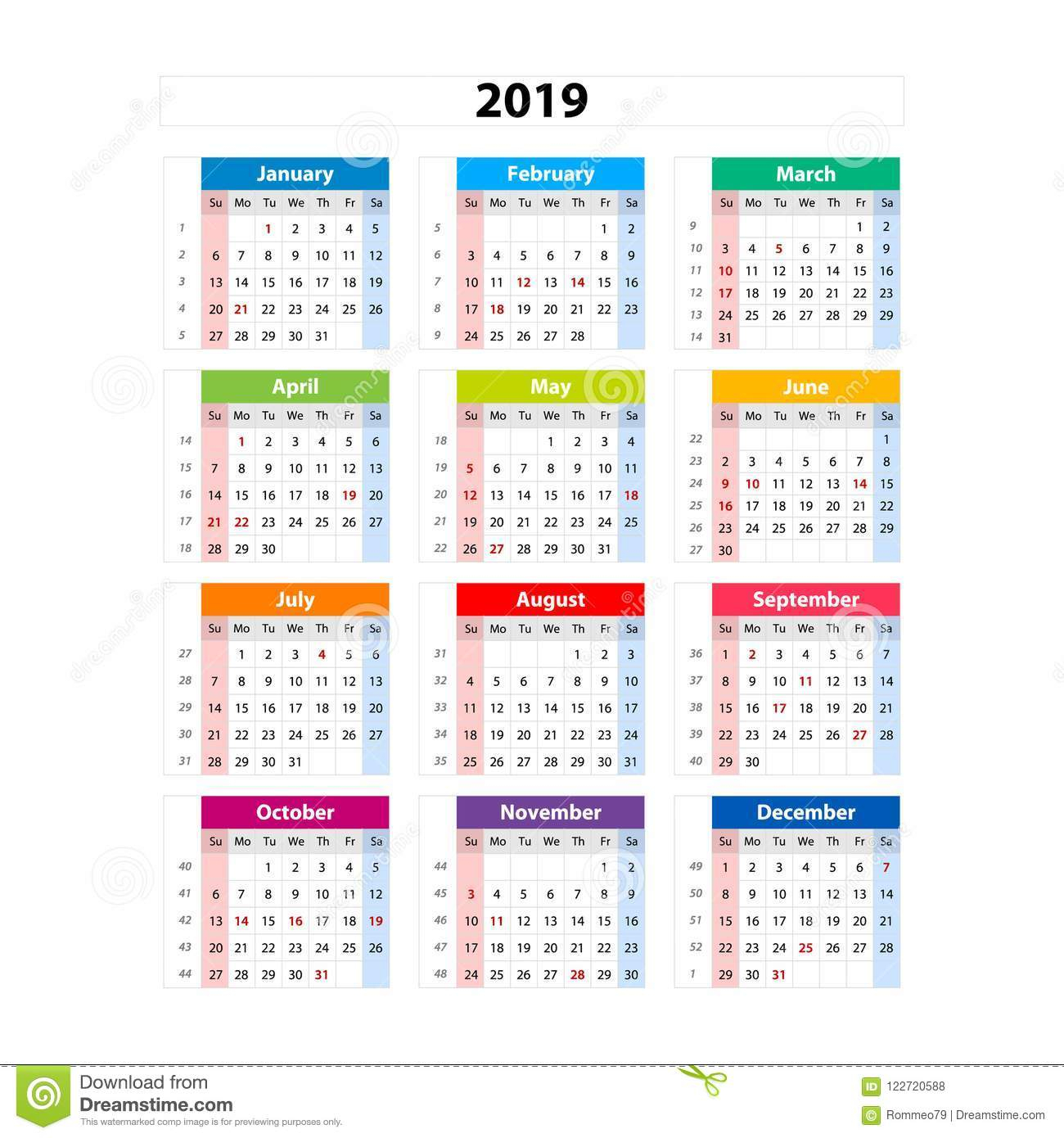 Vector Calendar 2019, Week Starts From Sunday, Business