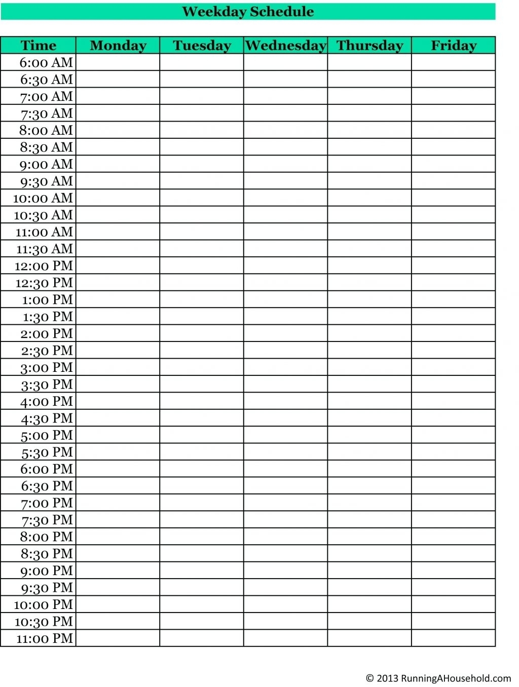 Weekday Schedule With Time Slots - Calendar Inspiration Design