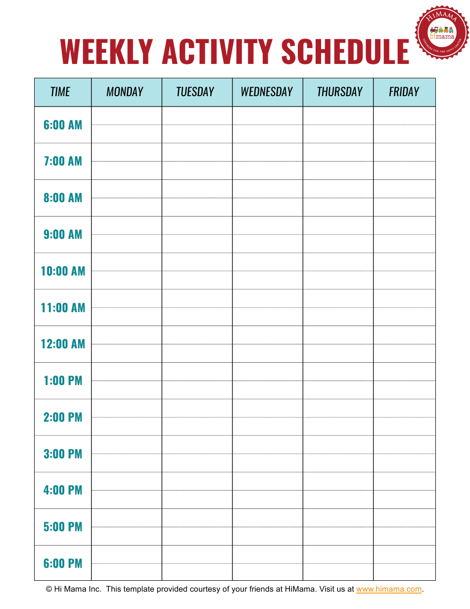 Weekly Activity Schedule Template - Monday To Friday - Hi
