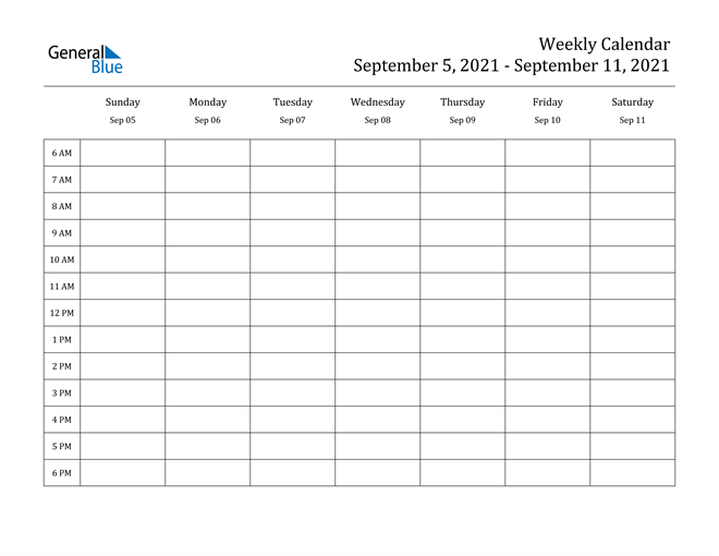 Weekly Calendar - September 5, 2021 To September 11, 2021