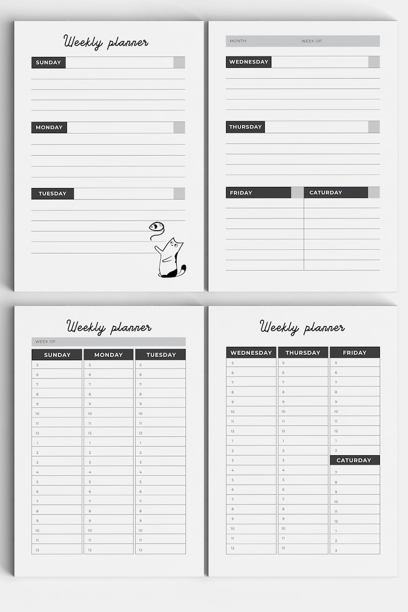 Weekly Planner Pages Cat Planner Hourly Schedule Undated
