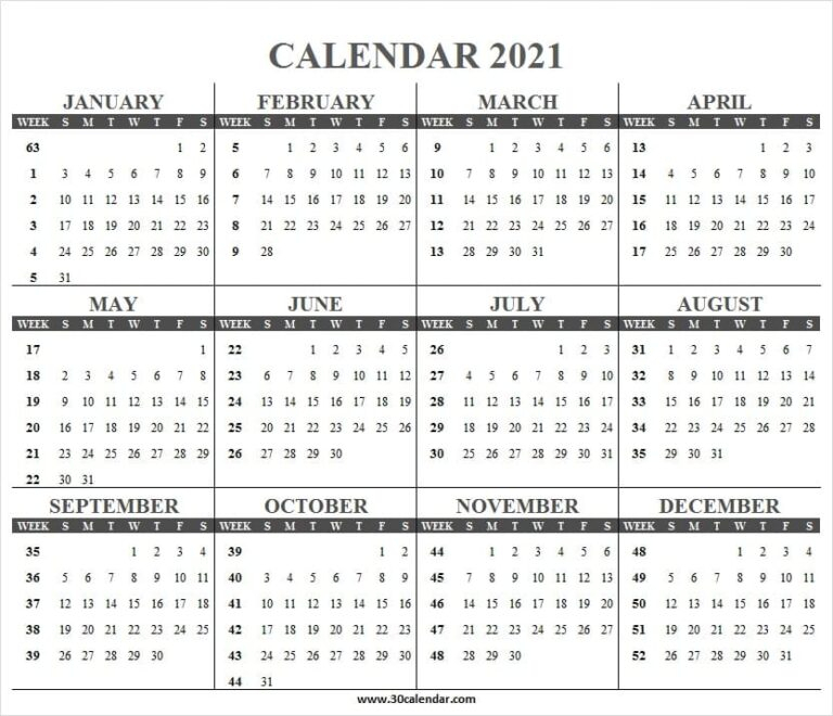 Weekly Printable Calendar 2021 - 2021 Calendar Single Page