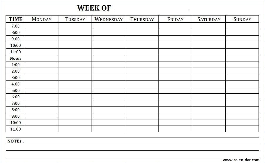 Weekly Schedule Printable With Times And Notes | Weekly