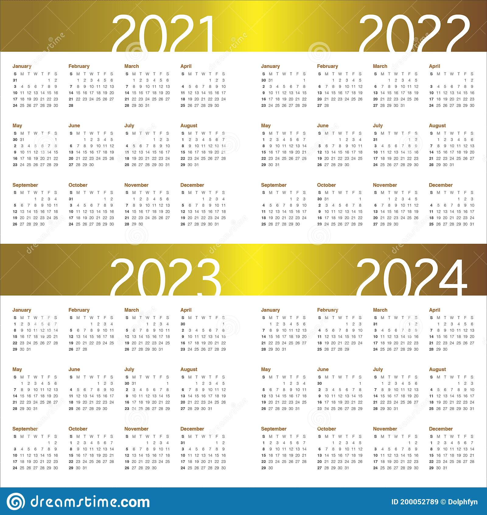 Year 2021 2022 2023 2024 Calendar Vector Design Template