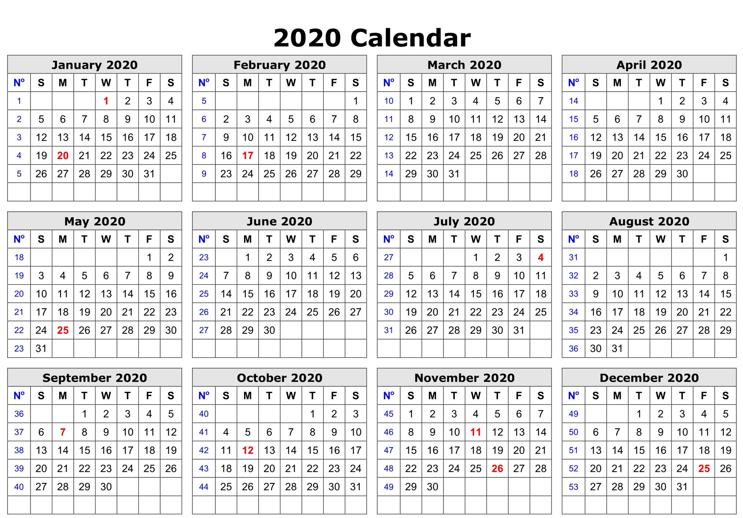 Year Calendar Free Printable 2020 | Calendar Printables